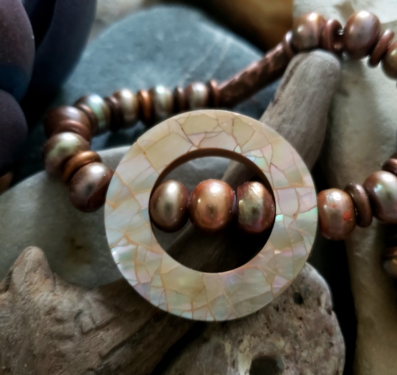 Artisan Pearl and Hammered Copper Bracelet - Picture 2 of 5